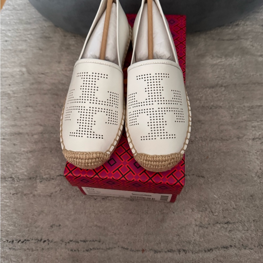 Tory Burch White Espadrilles with Perforated Design Napa Leather Never worn!